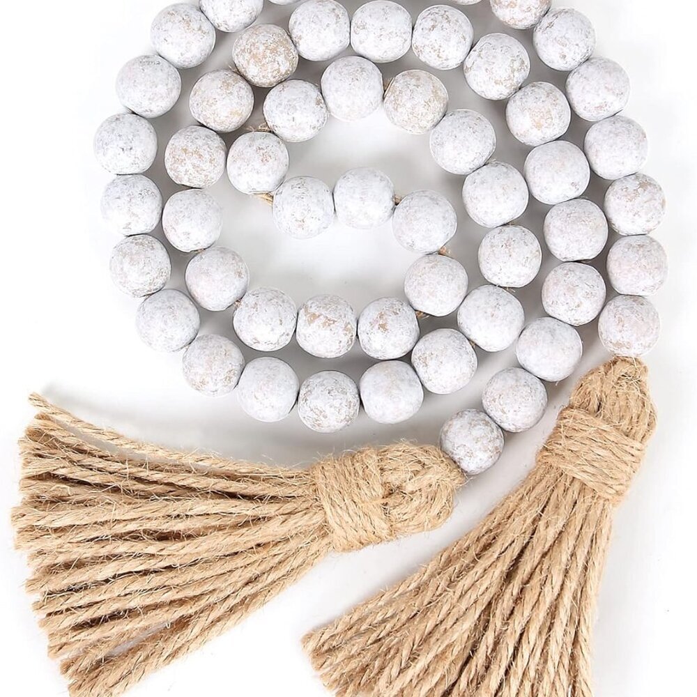 Wood Bead Garland Farmhouse Beads with Tassels,Farmhouse Tassel Garland Country